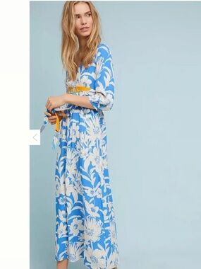Anthropologie Maeve Belted Kimono Dress Maxi 3/4 Sleeves Floral Blue Size 4